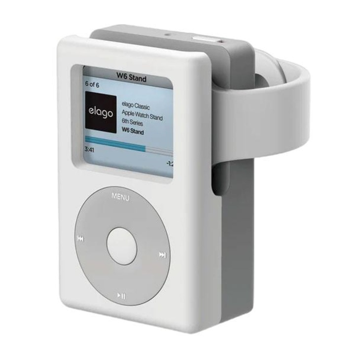 Stand incarcare W6 pentru Apple Watch 8/SE/7/6/5/4/3/2/1 (45mm, 44mm, 42mm, 41mm, 40mm, 38mm), Elago, In forma de MP3 Player, Silicon, Alb