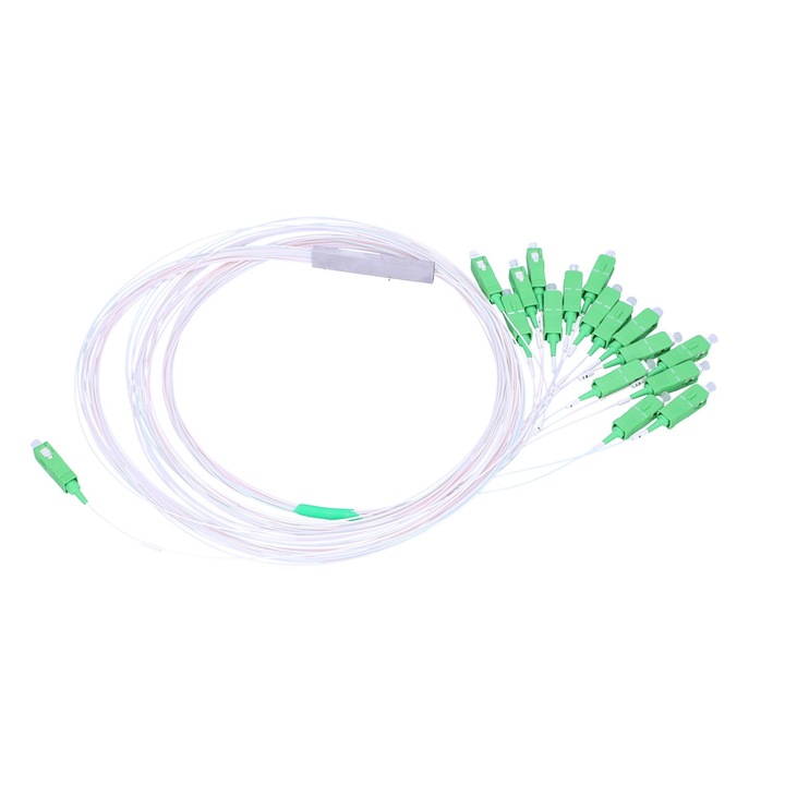 PLC optikai splitter Extralink 1:16 SC/APC, 900 µm, 1 m, optikai jelosztó FTTH hálózatokhoz, alacsony veszteségű és stabil fényelosztás telekommunikációs rendszerekben, professzionális optikai hálózati alkalmazásokhoz és megbízható jelátvitelhez