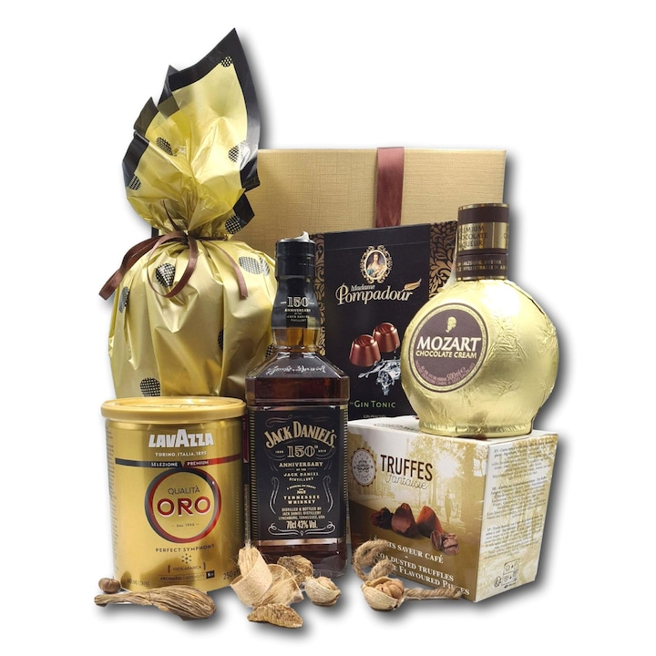 Подаръчен комплект с колекционерско уиски Jack Daniels, шоколадов ликьор Mozart, кафе Lavazza Gold и разнообразни сладкиши