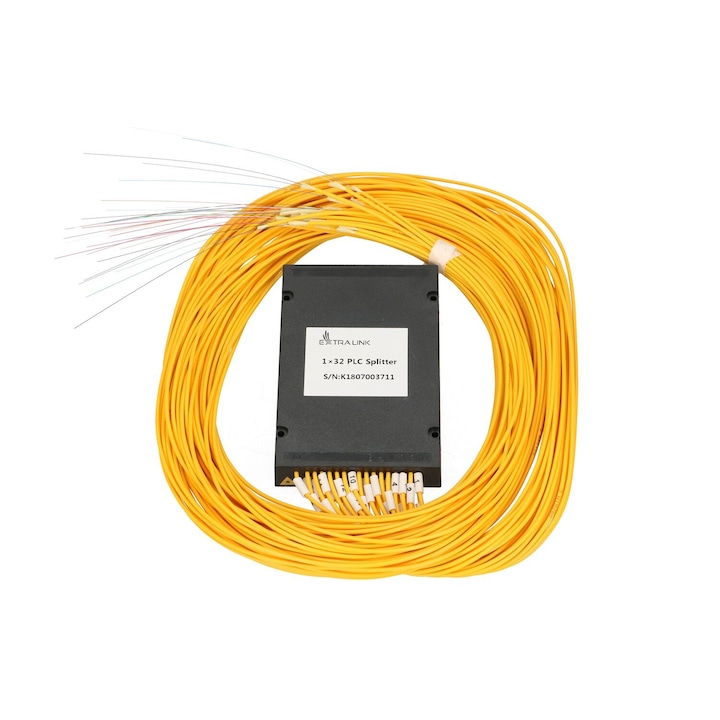 Splitter optic PLC 1:32 Extralink, fibra optica 2,0 mm, cablu 1,5 m, singlemode G.657A, modul ABS durabil, fara conectori, distributie semnal stabila, pierderi reduse, ideal pentru retele FTTH, FTTx si aplicatii profesionale de telecomunicatii