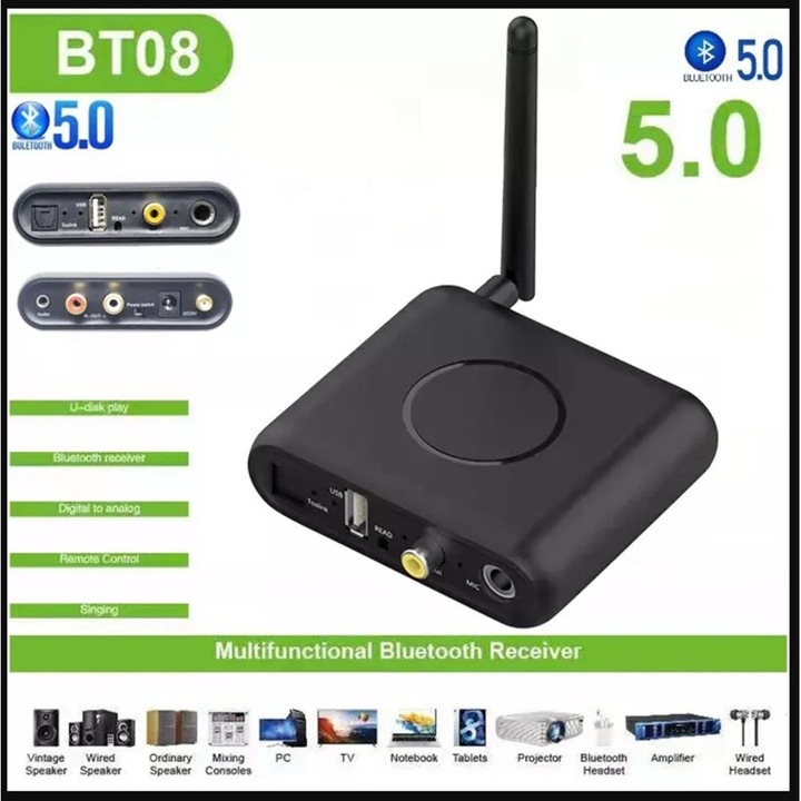 Bluetooth аудио адаптер PIX-LINK BT08, Безжичен, RCA, AUX, Bluetooth, Mic, Coaxial, USB, Optical fiber, Черен