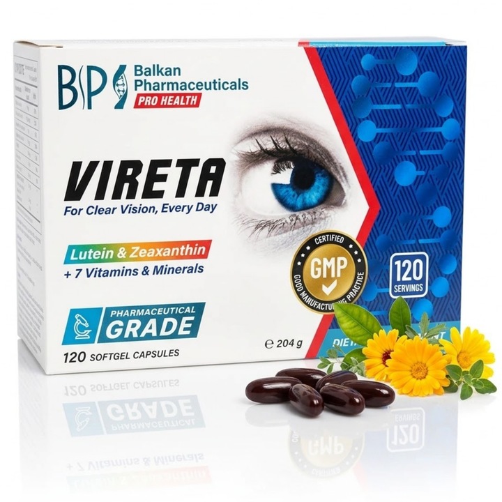 Supliment pentru ochi Vireta Balkan Pharmaceuticals, Luteina, Zeaxantina, Vitamine si Minerale, pentru vedere clara, sanatatea ochilor, protectie ochi, oboseala oculara, ecrane calculator telefon, suport retina, 120 capsule