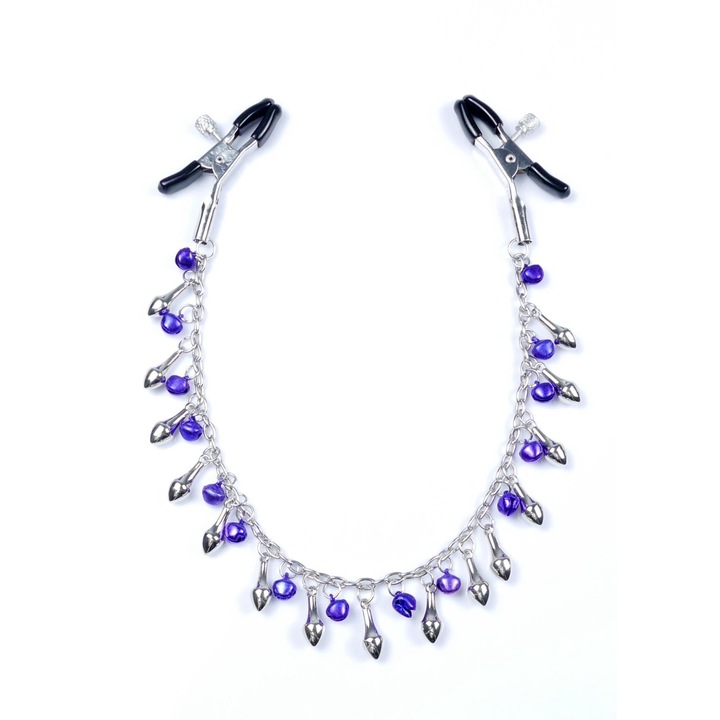 Щипки за зърна, камбанки, верижка, 39 см, сребристо/лилаво