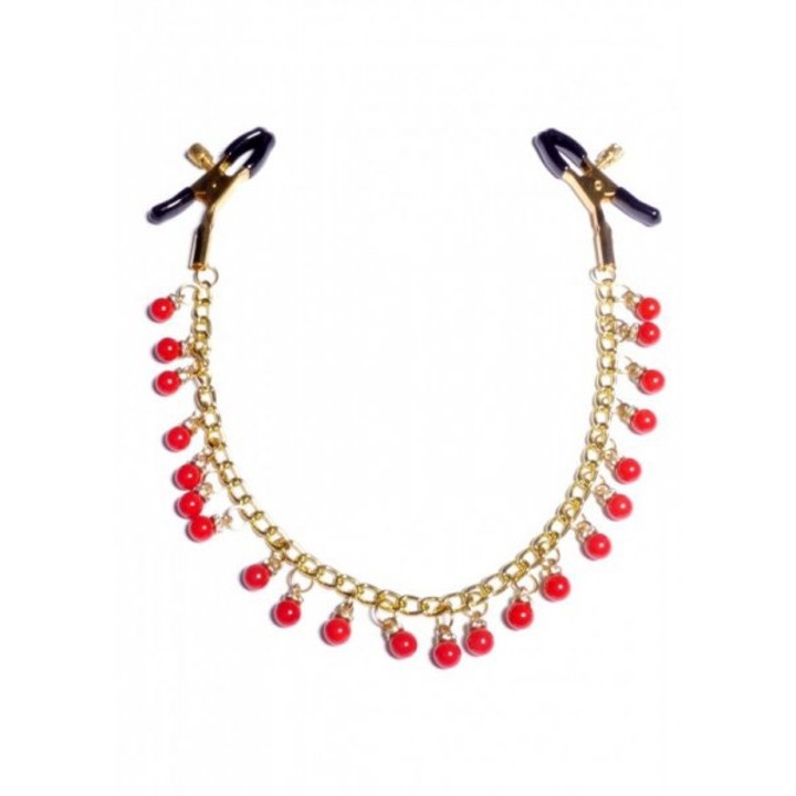 Щипки за зърна, звънчета, верижка, 40 см, златисто/червено