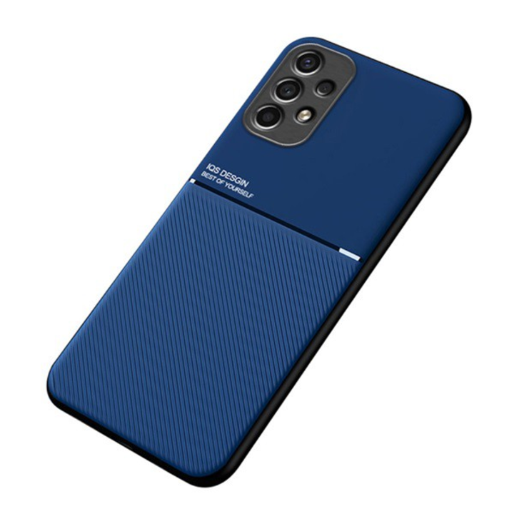 Műanyag telefonvédő (szilikon keret, közepesen ütésálló, beépített fémlemez, bőr hatású hátlap, csíkos minta) SÖTÉTKÉK [Samsung Galaxy A13 4G (SM-A135F / A137F)] (5900495981516)