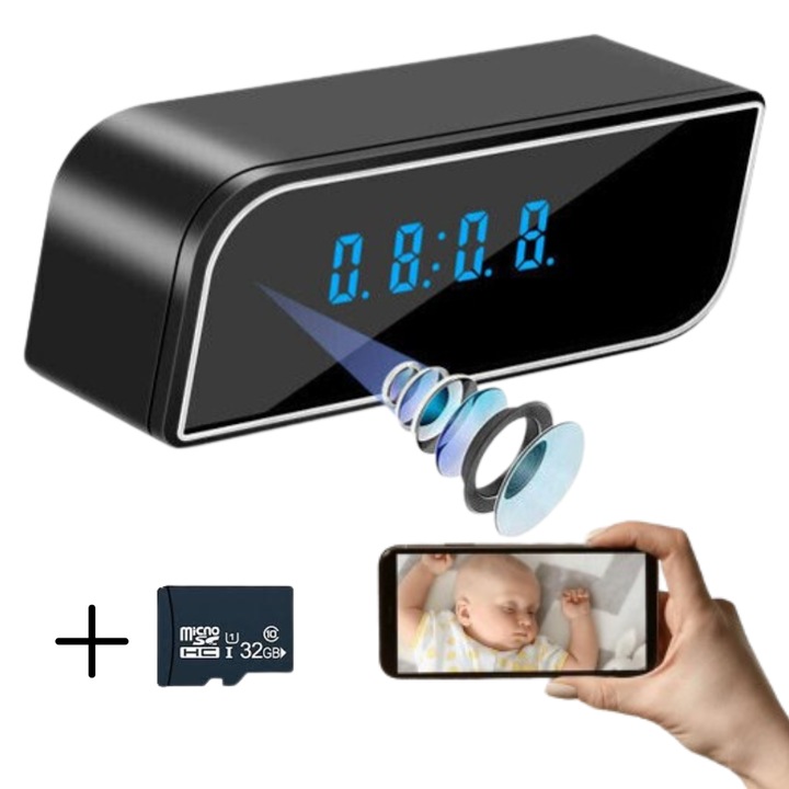 Mini Camera Spion, Revose™, Ascunsa in Ceas Desteptator cu Wi-Fi IP, Rezolutie 1080p, Vedere Nocturna Infrarosu, Microfon Incorporat, Detectie Miscare, Acces prin Aplicatie, Supraveghere Discreta Acasa sau Birou, Gri, Card Micro SD 32GB Inclus