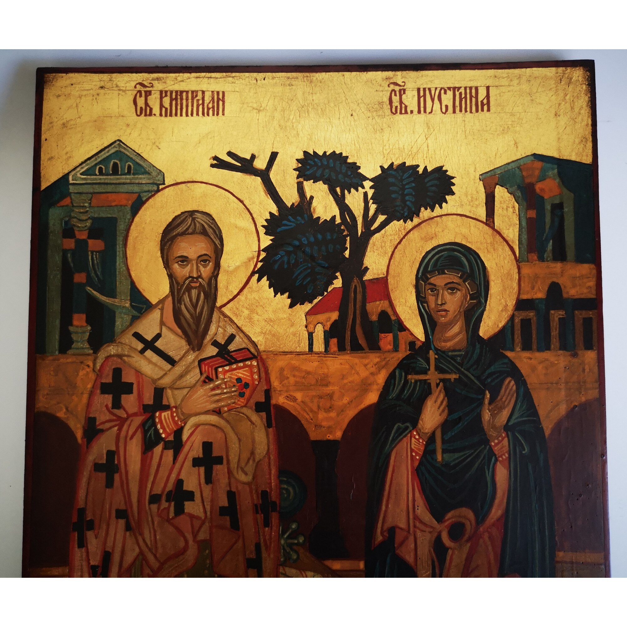Православна икона на Св. Св. Киприян и Юстина, Ръчно рисувана, Дървена ...