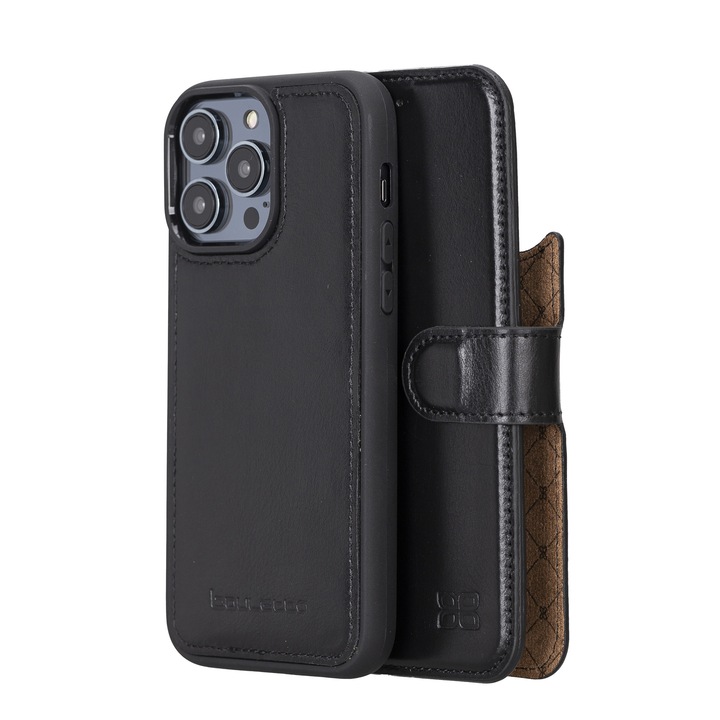 Калъф за iPhone 14 Pro Max, Bouletta Magic Wallet, MagSafe съвместим, естествена кожа, тип портфейл 2 в 1 и заден капак, Рустик черен цвят