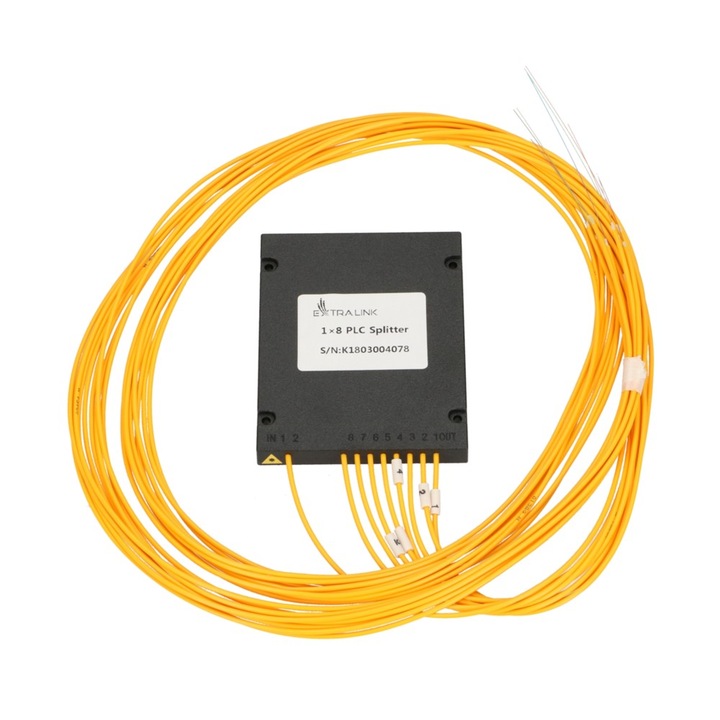 Splitter Extralink 1:8 PLC SC/APC, diametru 2,0mm, lungime 1,5m, fibra G657A, modul ABS fara conectori, distributie fiabila semnal optic, instalare usoara in retele FTTH si echipamente telecom, performanta ridicata si durabilitate crescuta