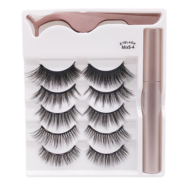 Изкуствени мигли Lecheng, Магнитни, Mix5-4, 1 апликатор, 1 магнитна очна линия, Черен, Водоустойчива, Черна, Комплект от 5