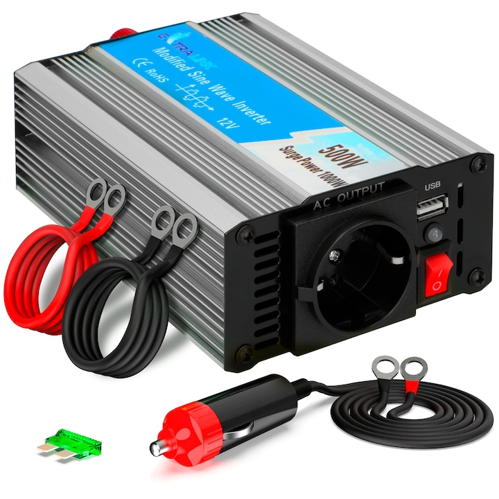EXTRALINK convertor de tensiune 12V 230V invertor 500W convertor de curent sinusoidal modificat invertor auto DC AC convertor vehicule auto motorhome auto port USB