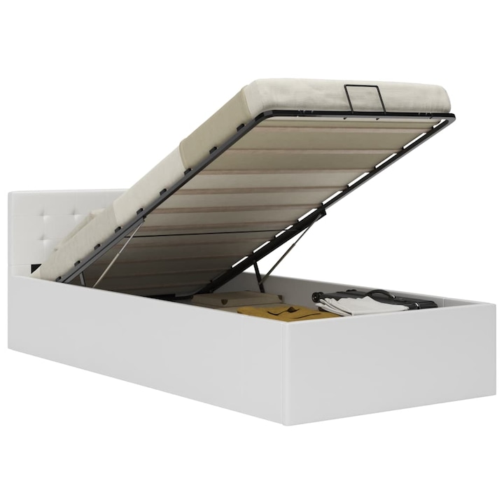 Легло с повдигащ механизъм vidaXL, бяло, изкуствена кожа, 90x200 cм, 30.5 Kg