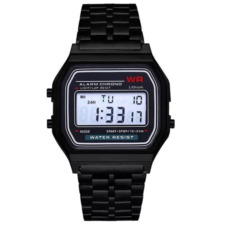 Дигитален ръчен часовник хронограф, ретро винтидж модел, метална гривна, унисекс, кварцов механизъм, аларма, таймер, черен