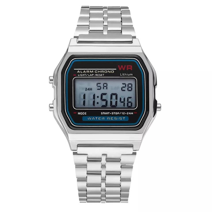 Дигитален ръчен часовник хронограф, ретро винтидж модел, метална гривна, унисекс, кварцов механизъм, аларма, таймер, сребро
