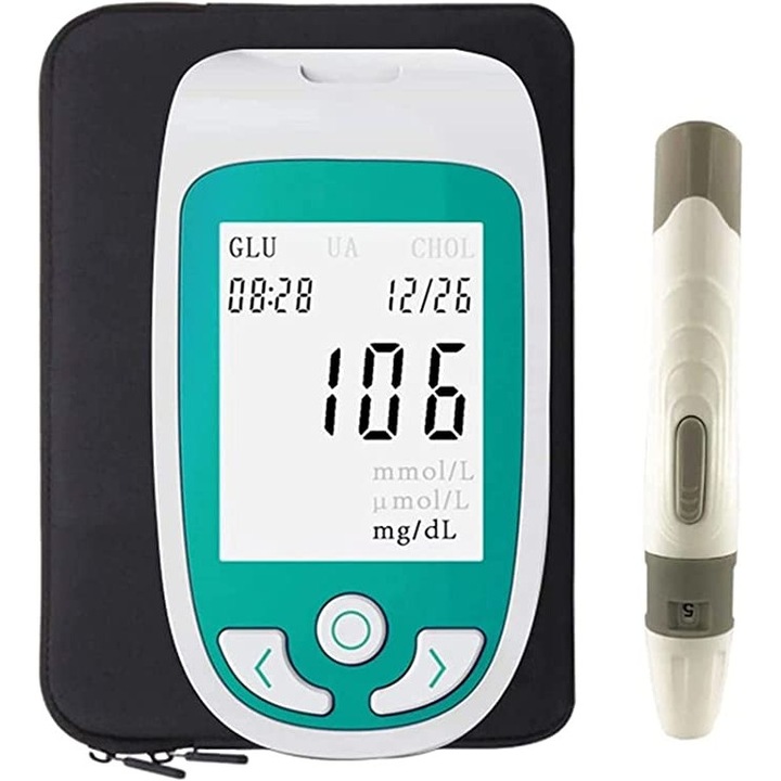 Zeqas 3 в 1 уред за измерване на кръвна захар, холестерол, пикочна киселина, многофункционален, бързи резултати, преносим, работи с батерии, бял/зелен