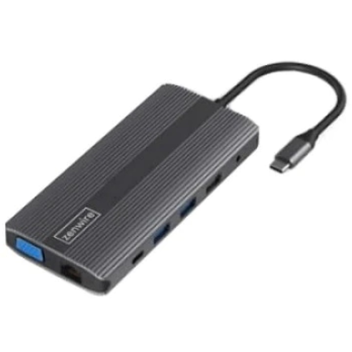 Адаптер Хъб, Zenwire, 12в1 USB-C HDMI/VGA/DP/USB/Jack/SD/LAN за Macbook Pro Air M1