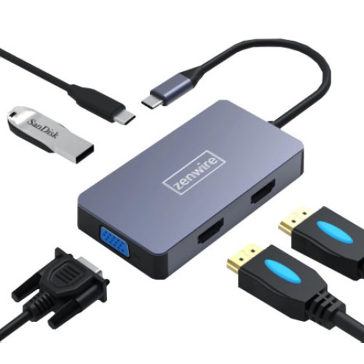 Adapter hub Multiport Zenwire 5az1 USB-C 2x HDMI 4K / VGA / USB 3.0 / PD 100W / Macbook Pro M1