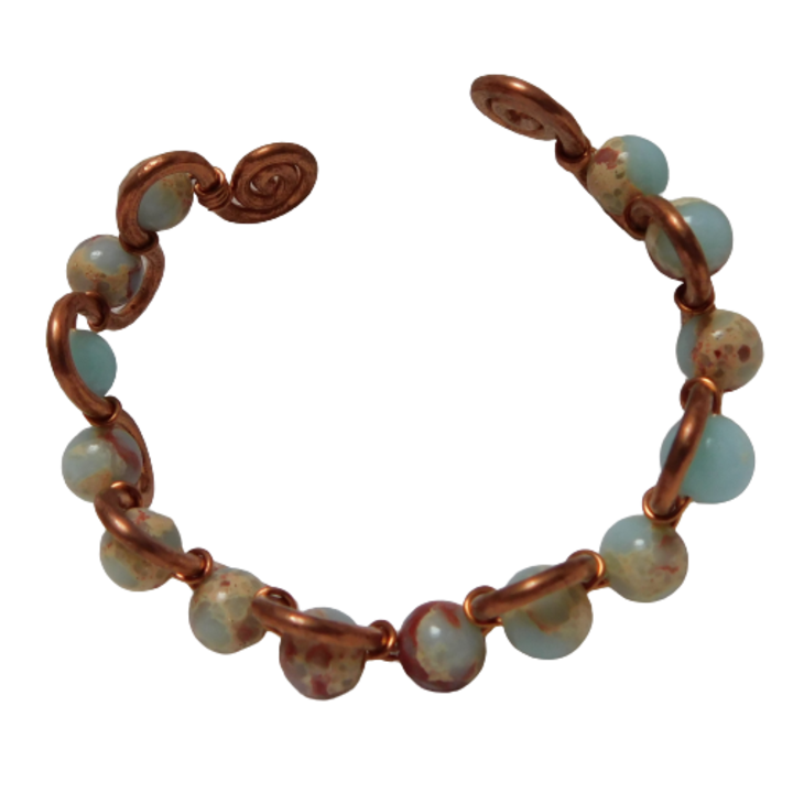Bratara de dama, din cupru, sinusoida cu margele din jasp imperial, 16cm