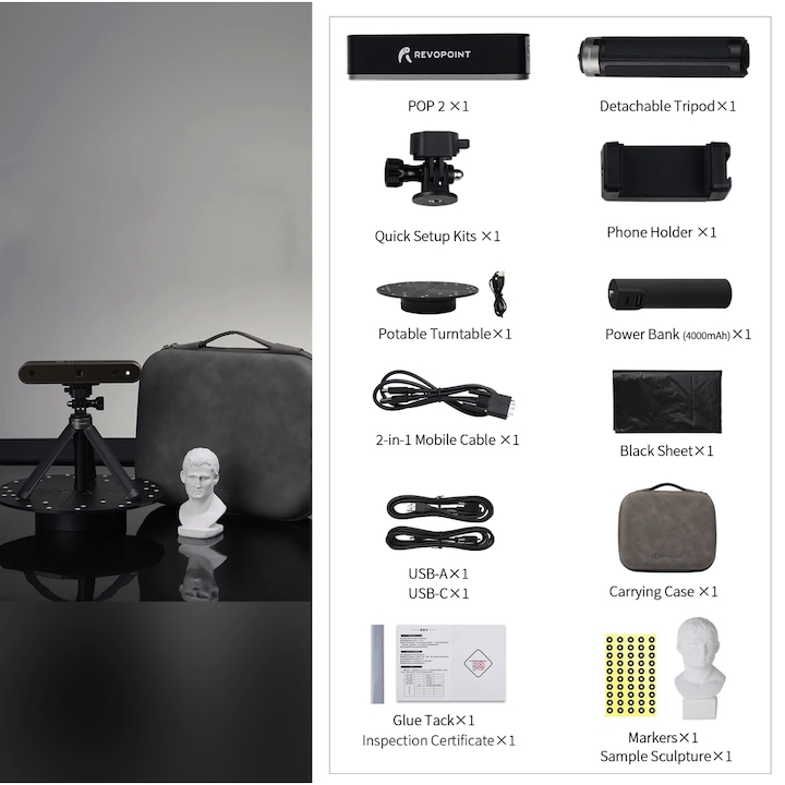 Revopoint POP 2 Premium Edition 3D скенер, цветен, въртяща се платформа, мобилно приложение