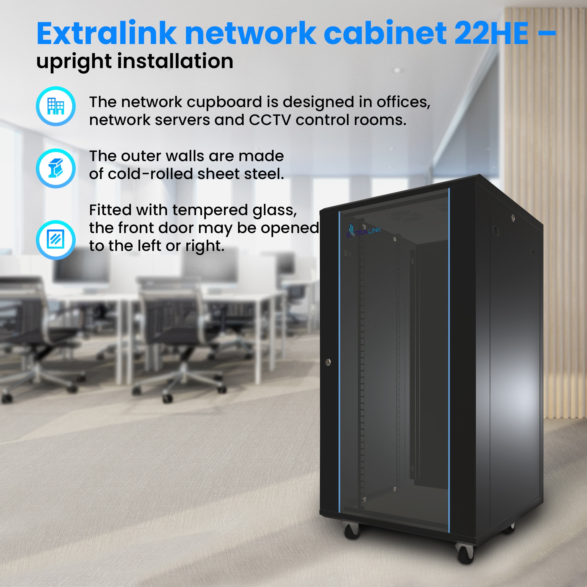 600x800 22u Rack Шкаф rack Extralink 22U 600x800 черен, стоящ, метален корпус, стъклена ...