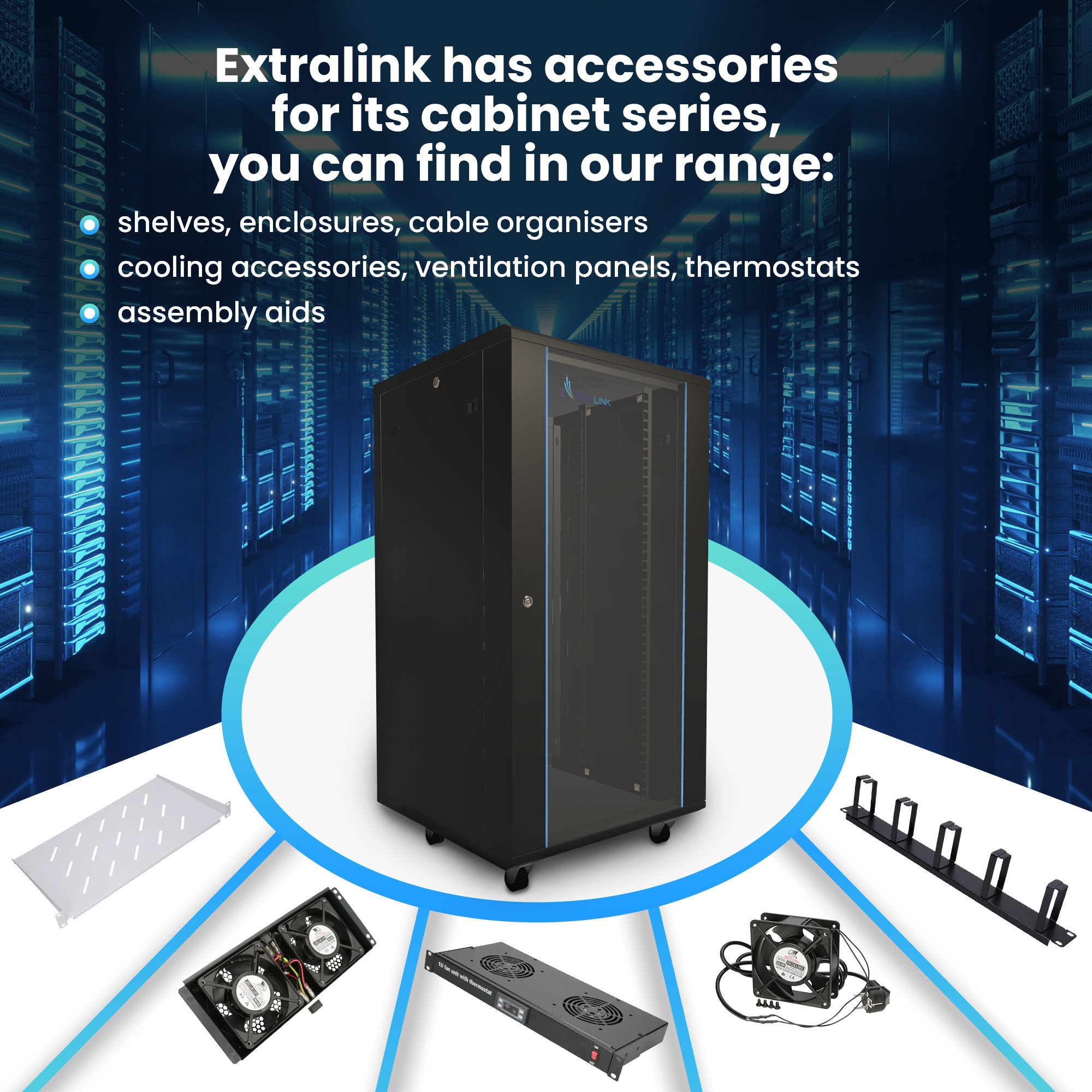 600x800 22u Rack Шкаф rack Extralink 22U 600x800 черен, стоящ, метален корпус, стъклена ...