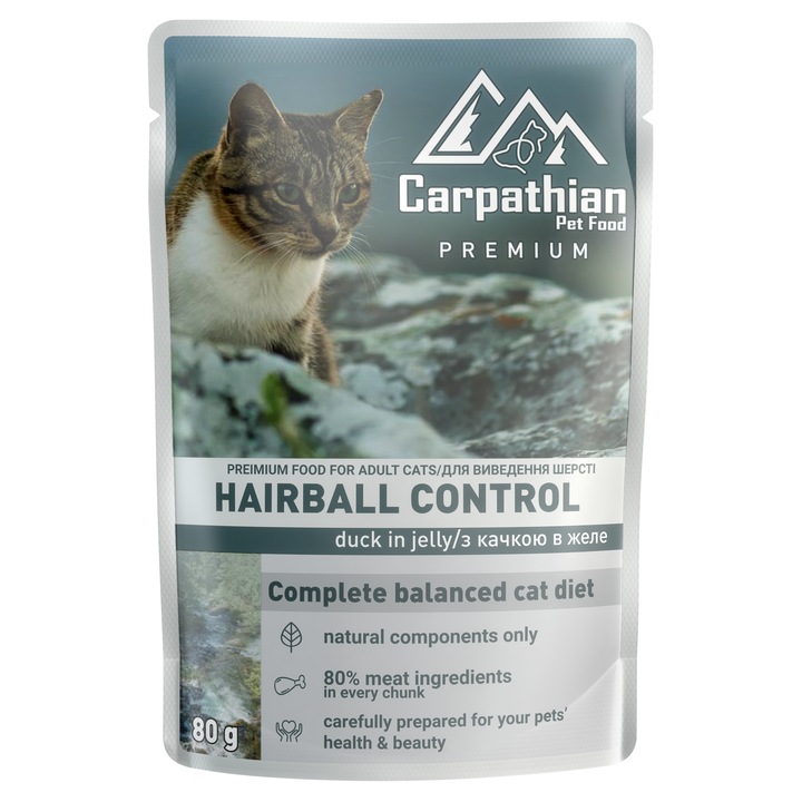 Plic hrana Carpathian Cat, Hairball Control, Rata in Jeleu, 100g