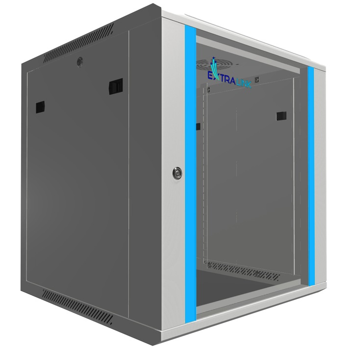 Dulap rack Extralink, 12U 600x600, Asamblat, Montare pe perete/pardoseala, Usa sticla, Deschiderea usii in partea stanga/dreapta, Gri