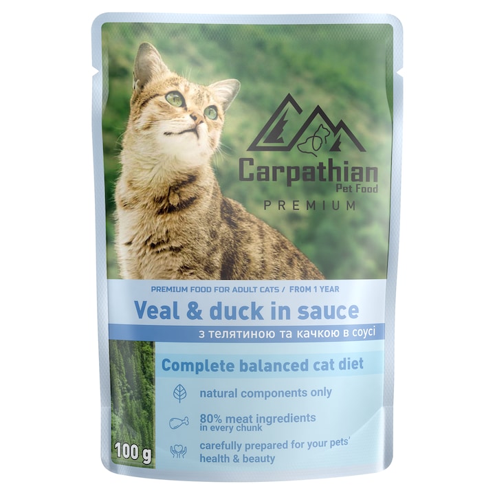 Hrana umeda pentru pisici, Carpathian, Vitel si Rata, 100 gr