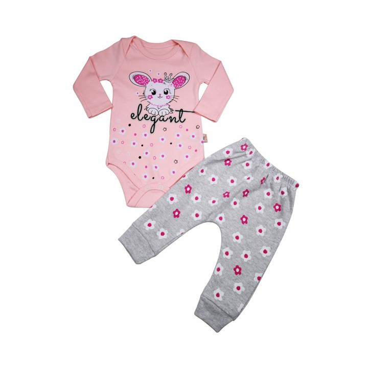 Set Bebelusi "Elegant" 2 Piese Body Cu Maneca Lunga Si Pantaloni Lungi 100% Bumbac, Gri/Roz