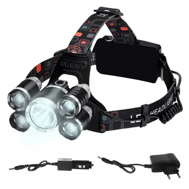 Lanterna frontala de cap, 5 LED-uri CREE, 4 moduri iluminare, acumulator, unghi reglabil de inclinare