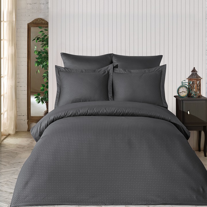 Lenjerie pat dublu jacquard, satin de lux, 6 piese, 240x260 cm, Saheser, Diamond Gri Antracit