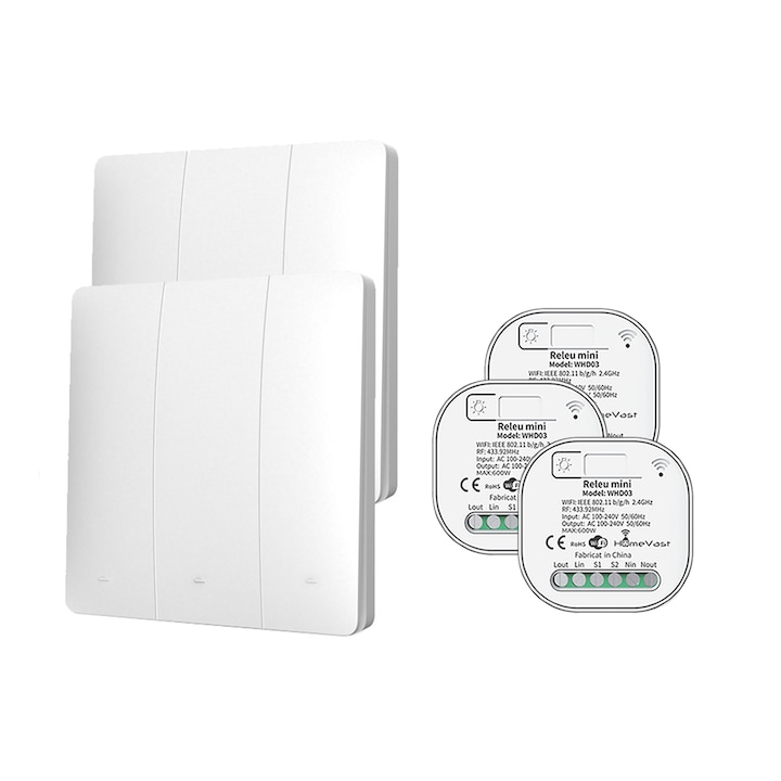 2 db RF433 kinetikus kapcsolóból álló készlet, 3 csatorna, fehér, plusz 3 intelligens vevő, WiFi, be/ki, kompatibilis a Tuya, Smartlife, Google Home és Amazon Alexa termékkel, WH040323P modell