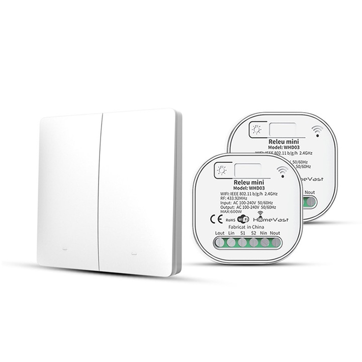 Home Vast RF433 Kinetikus kapcsoló, 2 db-os készlet, 2 csatorna, plusz 2 intelligens vevő, WiFi, on/off, kompatibilis: Tuya, Smartlife, Google Home és Amazon Alexa, fehér
