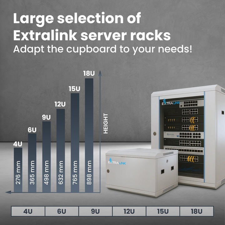 Сървърен шкаф Extralink 19 инча 6U – мрежов шкаф с дълбочина 450 мм за стенен или подов монтаж, товароносимост 60 кг, метален корпус, заключващо се отваряне на 180°, сив
