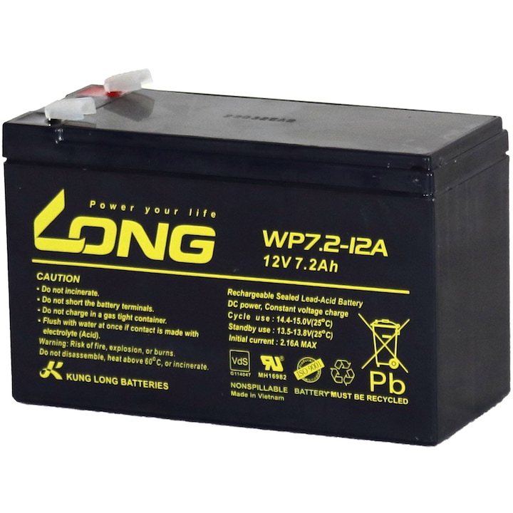 Baterie WP7.2-12A F2 LONG, 12V 7.2Ah, borne F2 pentru UPS