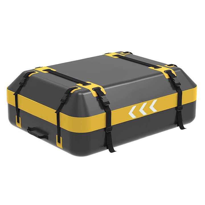 Portbagaj de acoperis tip geanta, Nierbo®, cu benzi reflectorizante de siguranta, PVC, impermeabil, pliabil, 410L, Galben/Negru