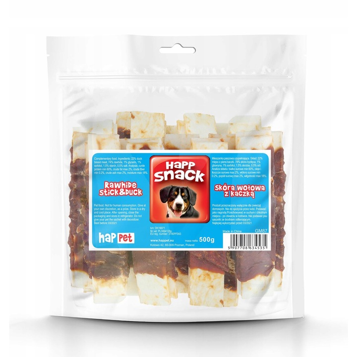 Recompense pentru caini Happet, Piele de vita/Rata, 500g