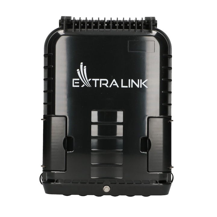 Caseta de fibra optica Extralink Jennifer 16 splices neagra cu conector pentru retele FTTH protectie splices organizare eficienta instalare usoara durabilitate si fiabilitate in infrastructura profesionala