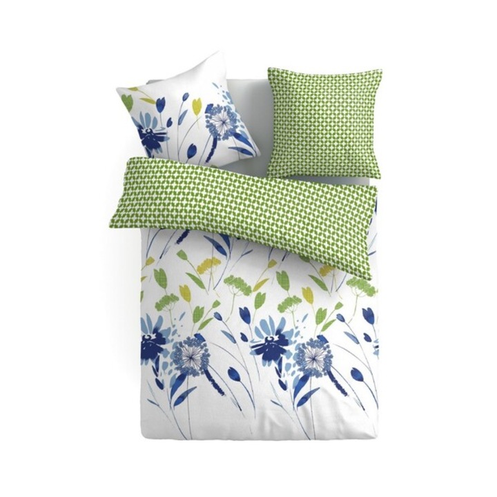 Двойно спално бельо, изработено от микрофибър, съставено от четири части, размери 180 х 200 см, цвят зелено и бяло на цветя