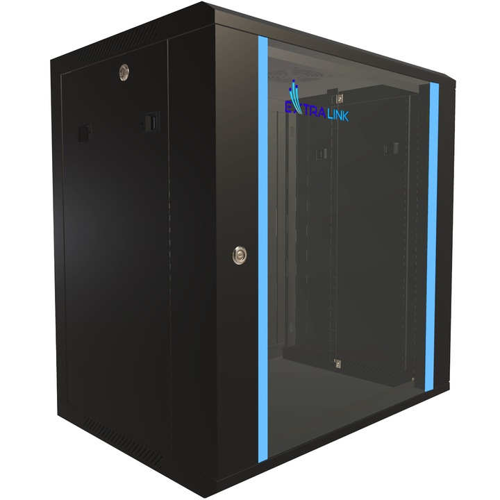 19 hüvelykes 12U-os szerver szekrény – 450 mm mélységű hálózati szekrény falra vagy állványra szerelhető, teherbírás 60 kg, edzett üvegajtó, zárható, 180°-os nyílás, fekete