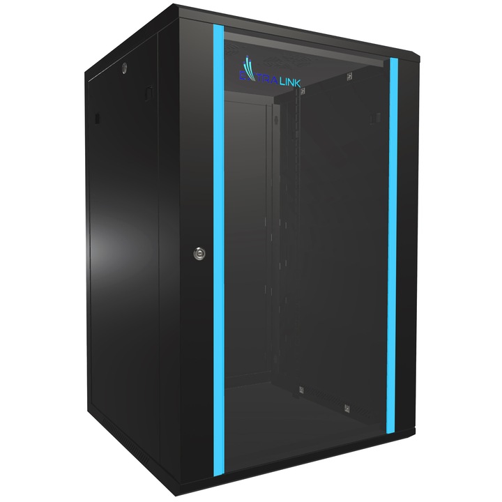 Dulap rack 19", Extralink 18U 600x600 mm negru, server, montare pe perete sau pe podea, 19’’ standard, pentru servere, switchuri si echipamente de retea, constructie profesionala din otel, usi din sticla, panouri laterale detasabile