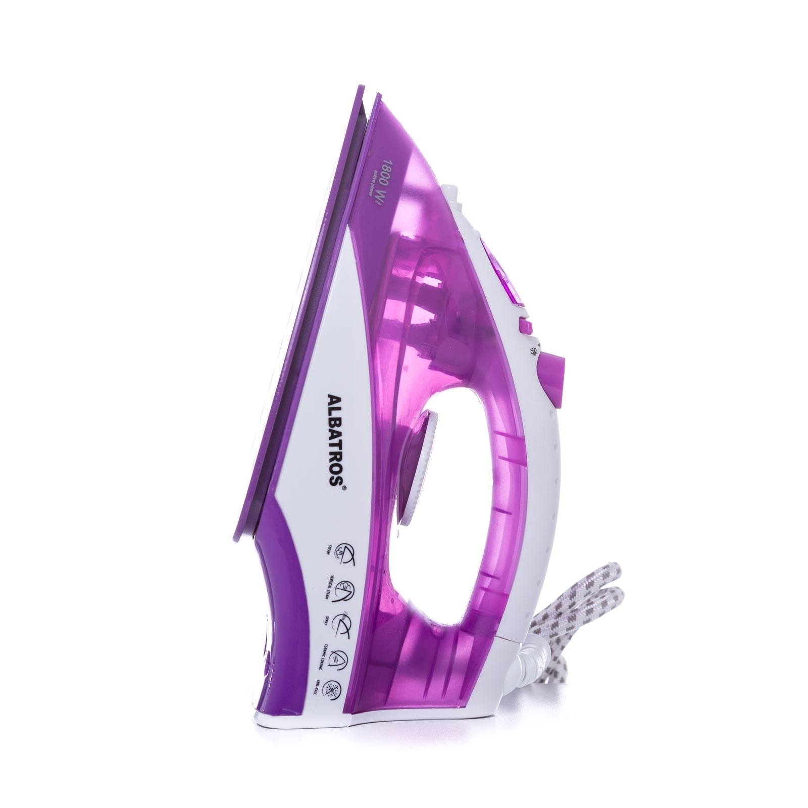 Fier de calcat Albatros Jasmine, 1800 W, talpa ceramica, 0.17 l, 95 g/min, sistem auto-curatare, alb cu violet