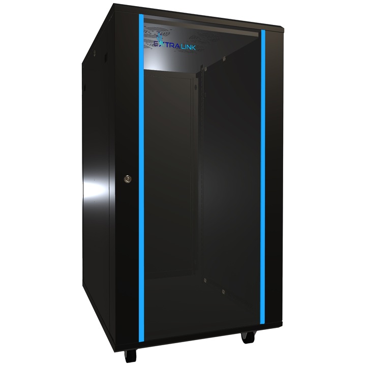 Dulap rack 19", Extralink 22U 600x800 mm negru, server, montare pe podea, 19’’ standard, pentru servere, switchuri si echipamente de retea, constructie profesionala din otel, usi din sticla, panouri laterale detasabile