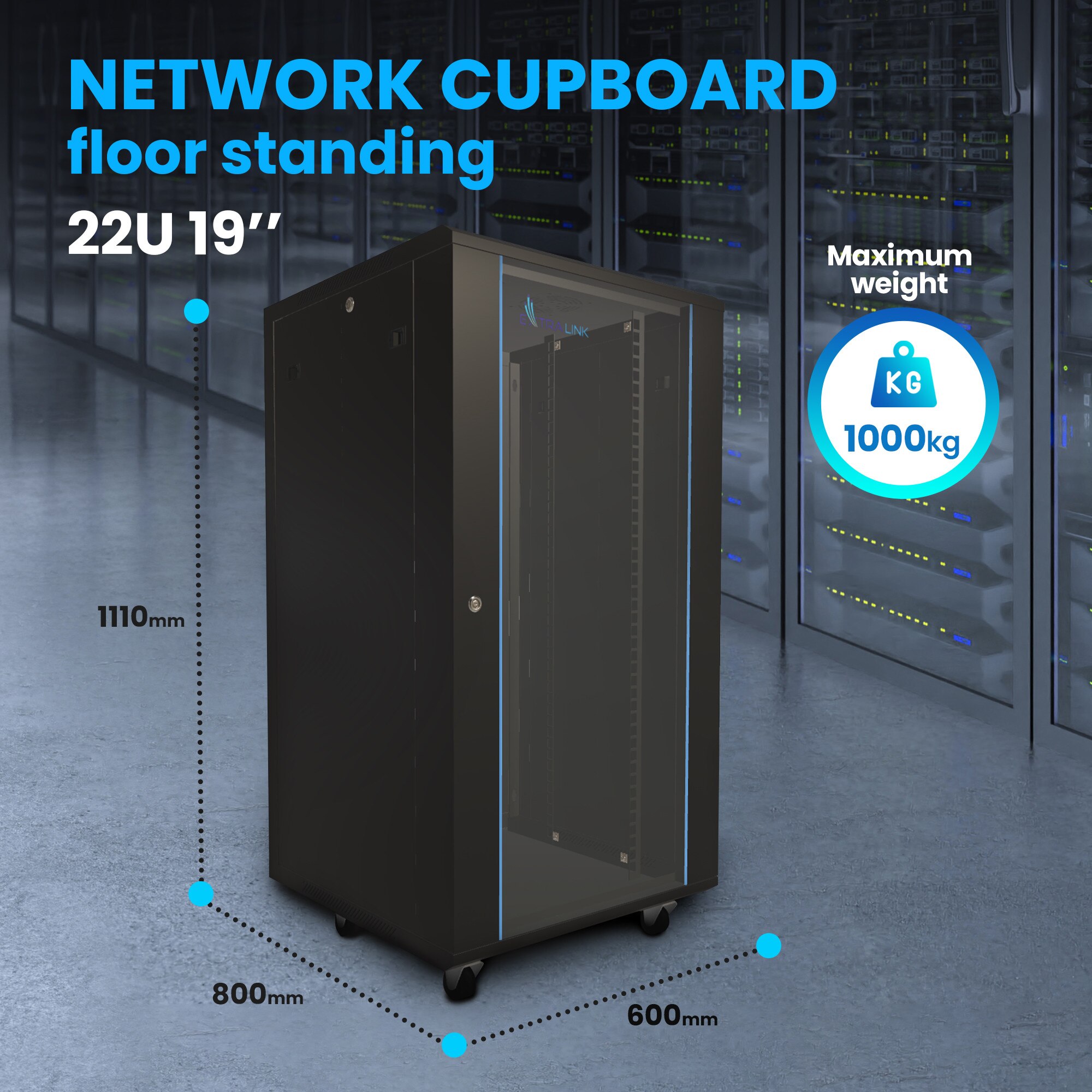 600x800 22u Rack Шкаф rack Extralink 22U 600x800 черен, стоящ, метален корпус, стъклена ...