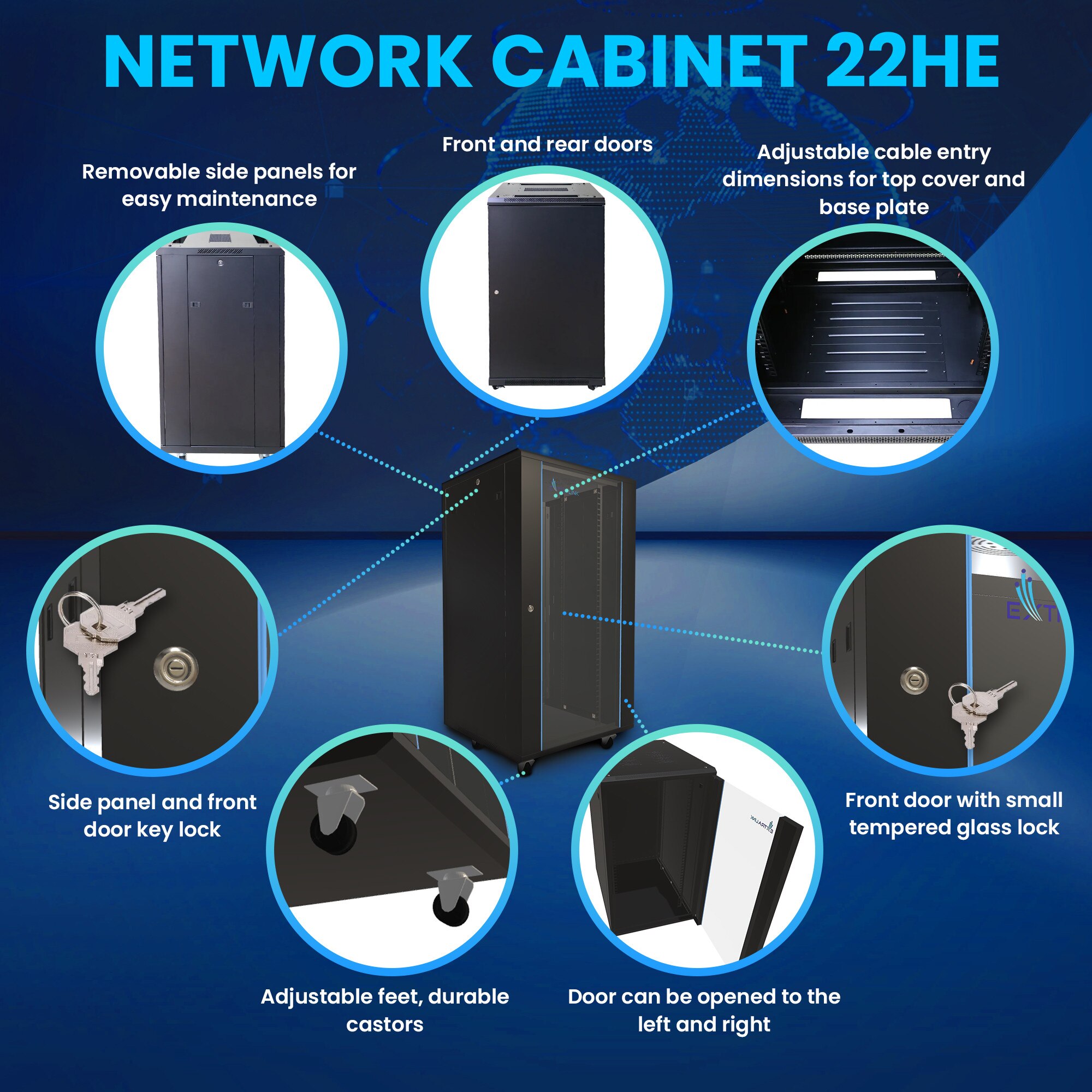 600x800 22u Rack Шкаф rack Extralink 22U 600x800 черен, стоящ, метален корпус, стъклена ...