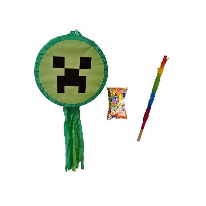 Pinastar ijesztő Minecraft pinata bottal és konfettivel