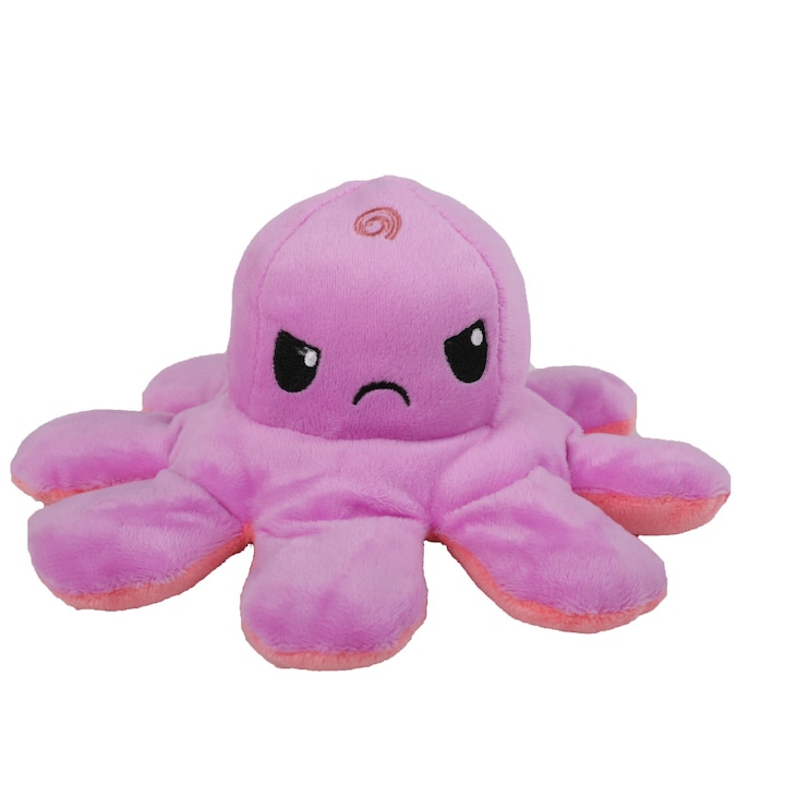 Caracatita reversibila din plus cu 2 fete, fata fericita si fata trista, Octopus Happy-Sad, inaltime 12 cm, diametru 20 cm, violet - portocaliu
