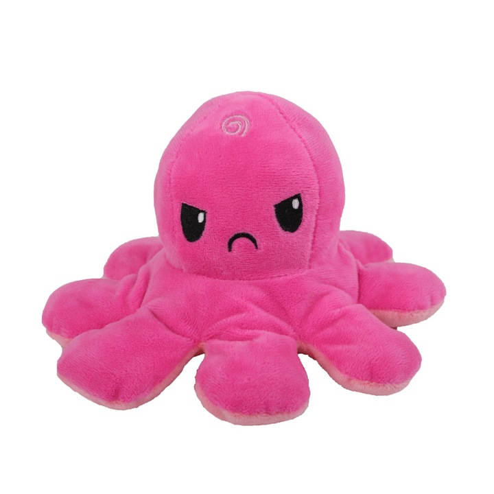 Caracatita reversibila din plus cu 2 fete, fata fericita si fata trista, Octopus Happy-Sad, inaltime 12 cm, diametru 20 cm, fucsia - roz pal