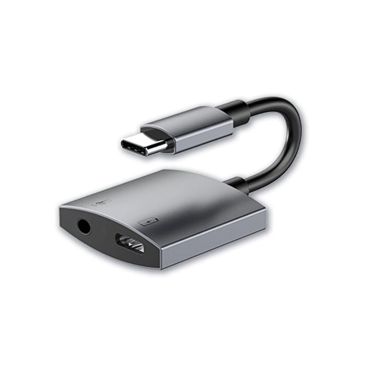 2 в 1 аудио адаптер, USB C към 3,5 mm жак за слушалки + USB C зареждане 65 W, DAC, черен
