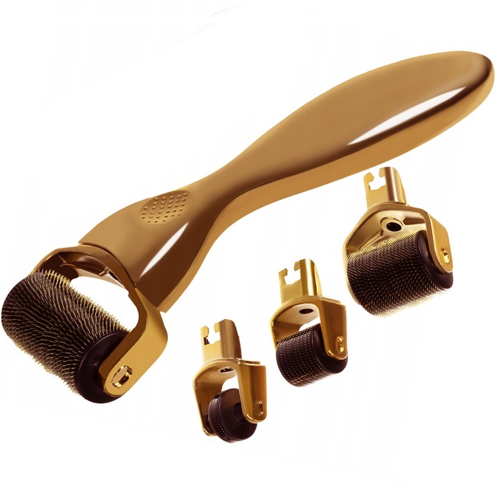 CLASStitude Dermaroller eszköz, 3 az 1-ben, cserélhető fejekkel, bőrregenerációhoz, 1200 / 600 / 180 titán tűk, 1,50 / 0,5 / 0,25 mm, aranyszín